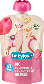 Пюре Babylove полуниця-банан-яблуко з мюслі для дітей від 1 року, 100 g 1778 фото