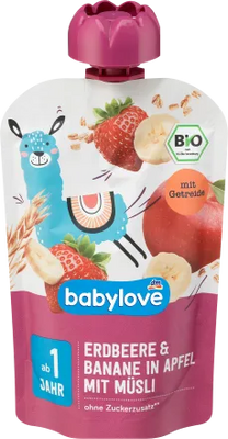 Пюре Babylove полуниця-банан-яблуко з мюслі для дітей від 1 року, 100 g 1778 фото