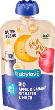 Фруктово-злакове пюре зі смаком яблука, банану, вівса та молока Babylove, 100 g 1728 фото