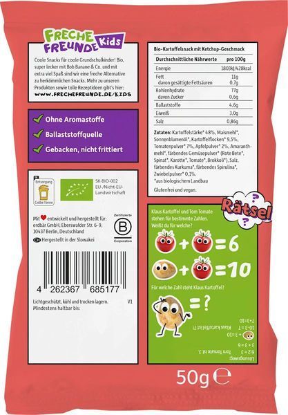 Дитячі різнокольорові чипси зі смаком кетчупу Freche Freunde, 50 g 2554 фото